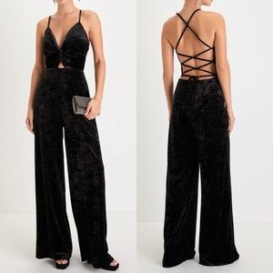 Lulu's Black Velvet Twist-Front Lace-Up Back Jumpsuit